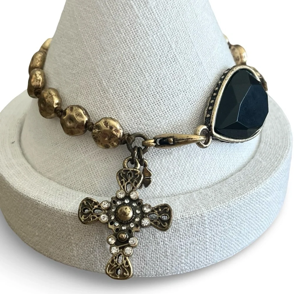 Vintage Luck Brand Bronze Tone Black Crystal Cross Toggle Bracelet